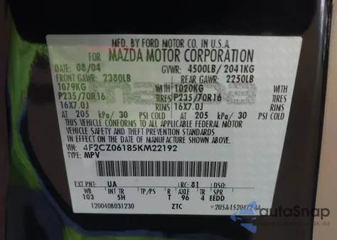 2005 Mazda Tribute S из США, поврежденный, VIN 4F2CZ06185KM22192